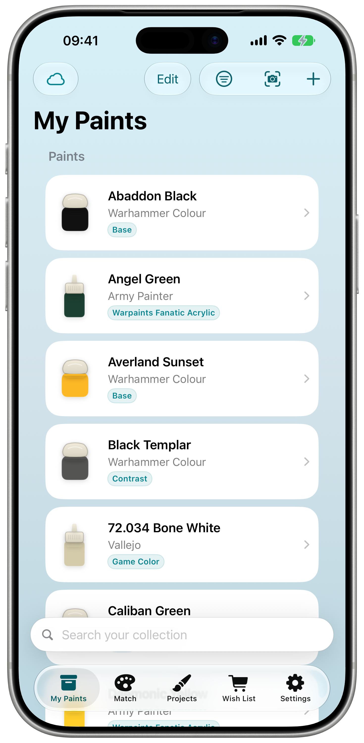 My Paints collection screen