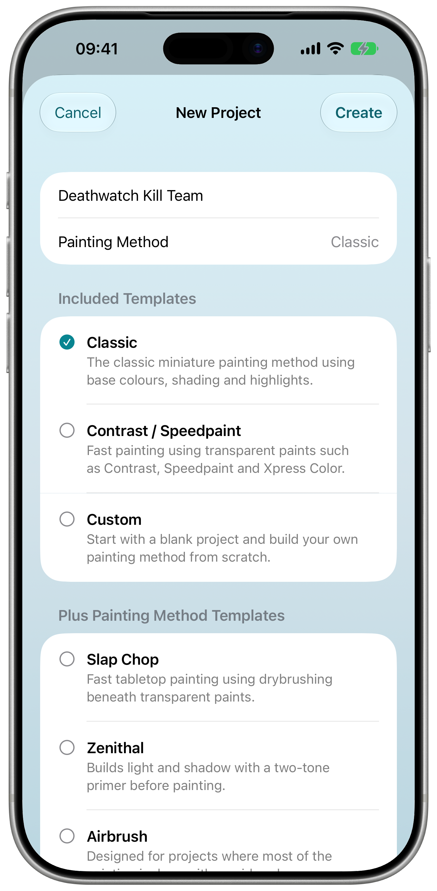 New Project screen showing painting method templates