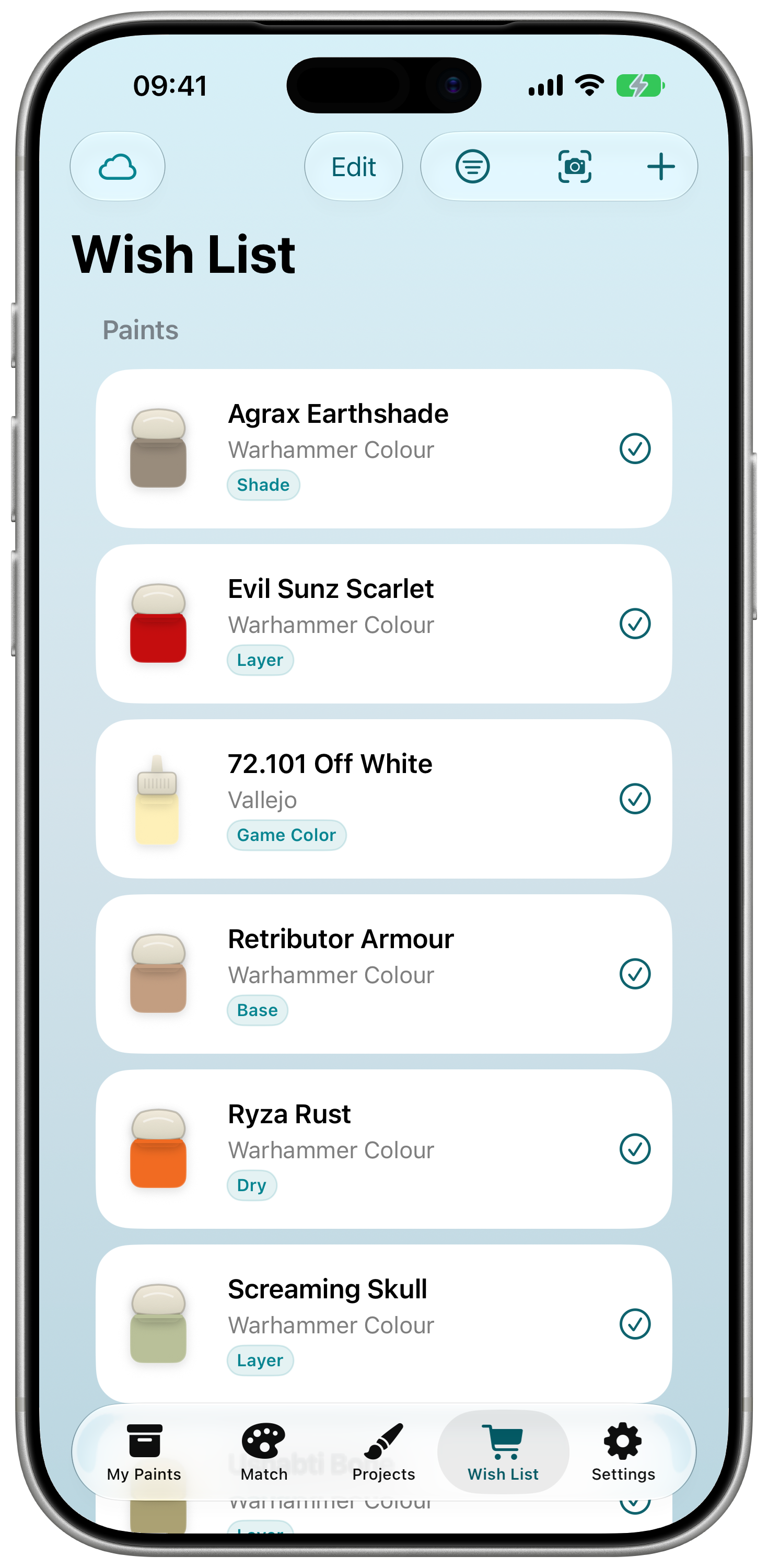 Hobby Rack wish list screen showing paints to buy